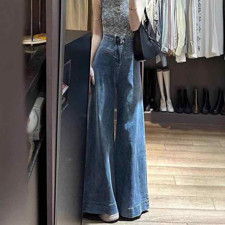 ワイドパンツ 女性用 デニム 綿素材 ハイウエスト ゆったりシルエット 細見え ロング丈 復古ブルー 軽い伸縮性 春 普段使い 通勤 カジュアル ストリート 気質 ラフスタイル