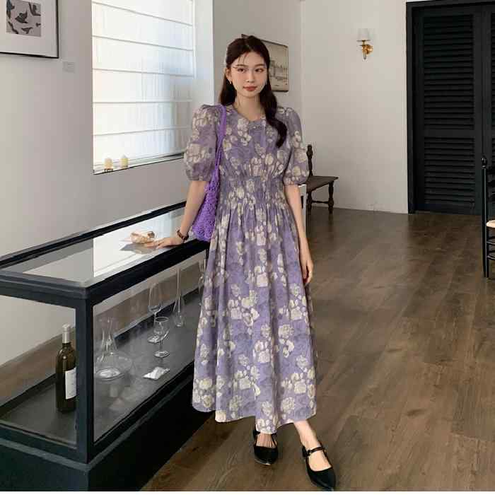 ワンピース レディース 春夏 フレンチスタイル ヴィンテージ風 フラワー柄 フレアスカート 短袖 ランプシェードスリーブ 中腰 ウエスト切り替え スリム効果 3D立体プリント 数字印花加工 気質エレガント 芸術復古 中国風 セットアップなし 長丈 Aライ