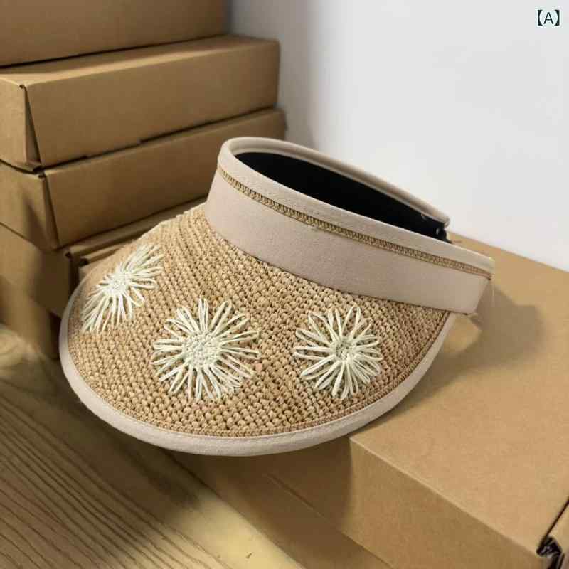 麦わら帽子 女性用 空頂 大ぶりつば デイジー刺繍 防紫外線 夏 秋 通気性 遮陽 ラフィ草素材 清新かわいい 田園スタイル 米色花 カーキ花 ブラック花 ビーチアウトドア 普段使い 軽量 花柄