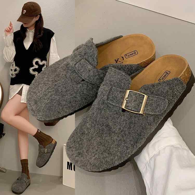 秋冬 女性用 包頭 ハーフブーツ 半脱げ フラットシューズ ソフトウッド 復古風 合成革 ラバーソール 人工毛内張り 丸トゥ ブラウン グレー カフェオレ ライトグレー ダークグレー 普段使い 軽量 暖かみ 通勤 外出 秋冬 バイカラー シンプル ベーシ
