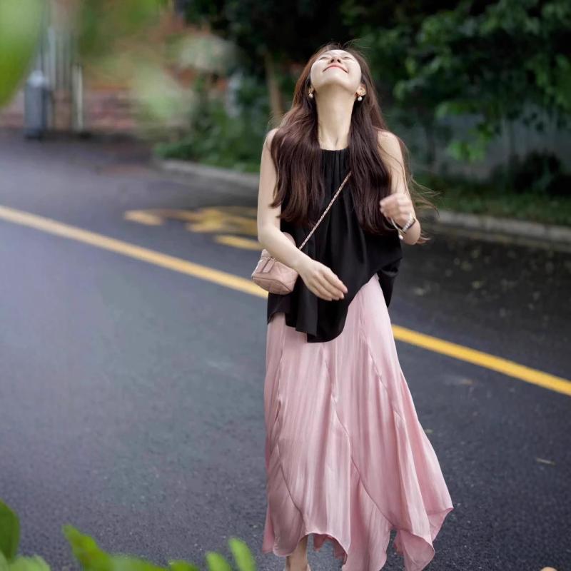 春夏 女性用 半身裙 かわいい ミディ丈 不規則スカート 波状 フリル 立体デザイン 優しい ピンク 花柄 純色 ポリエステル 微弾性 軽量 通勤 普段使い 清新 甘め シルエット