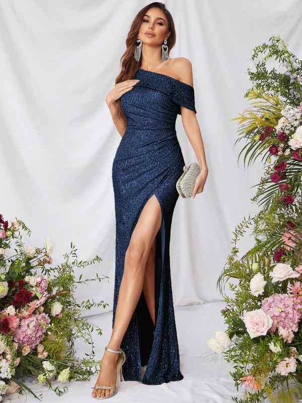ワンピース 女性用 夏 気質 ?雅 斜め首元 ハイスリット 名媛 ドレス 修身 長丈 シングルショルダー ショートスリーブ ハイウエスト シースシルエット 亮片 装飾 切り替え デザイン ?? 素材 白色 ピンク ブラック グレー グリーン 私服 スタイ