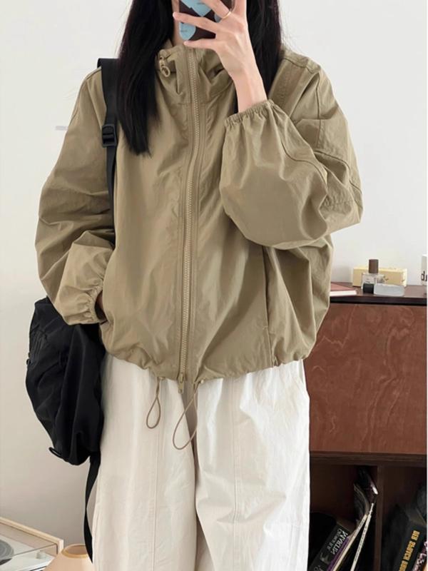レディース ジャケット ベージュ 春夏 薄手 防風 切り替え 長袖 スタンドカラー ジップアップ ポリエステル 軽量 伸縮性 吸湿速乾 日常使い アウトドア 通勤 作業着風 カジュアル ミドル丈 スリムフィット 日韓スタイル(x3)