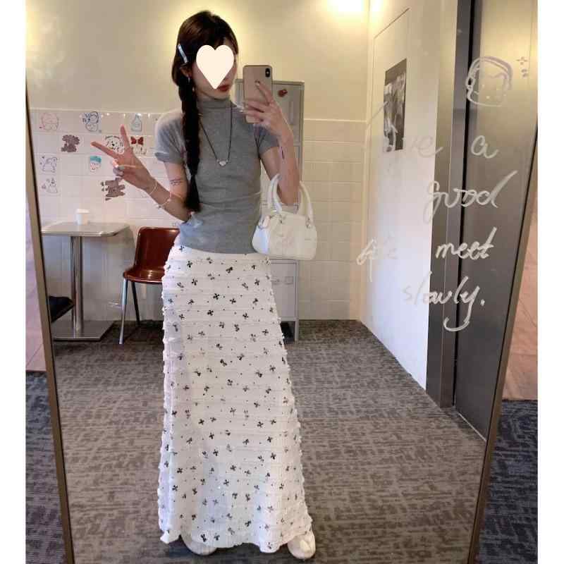 半身スカート レディース 春夏 通勤用 気質 白色 プリント 蝶ネクタイ フラワーモチーフ フィッシュテール ミディ丈 包み ハイウエスト 軽量 伸縮性 コットン混 タイトシルエット 華奢 小柄向け エレガント