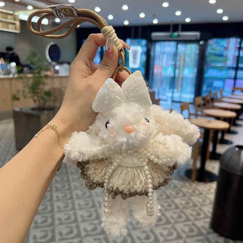 キーホルダー かわいい 毛? 垂耳ウサギ ぬいぐるみ 少女心 デザイン 鍵 飾り バッグ チャーム ピンク 米黄 ブラック カートゥーン スタイル 通年 ギフト アイテム 軽量 柔らかい 素材 日常使い アクセサリー