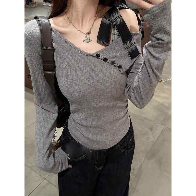 トップス レディース 秋 灰色 斜め襟 肩出し 蝶結び 紐付き 長袖 Tシャツ 甘辛 気質 通勤 かわいい 切り替え プリント 3D 立体柄 Aライン ポリエステル 再生繊維 軽量 伸縮性 吸湿速乾 プリンセススリーブ ポロ襟 普通丈 スリムシルエット