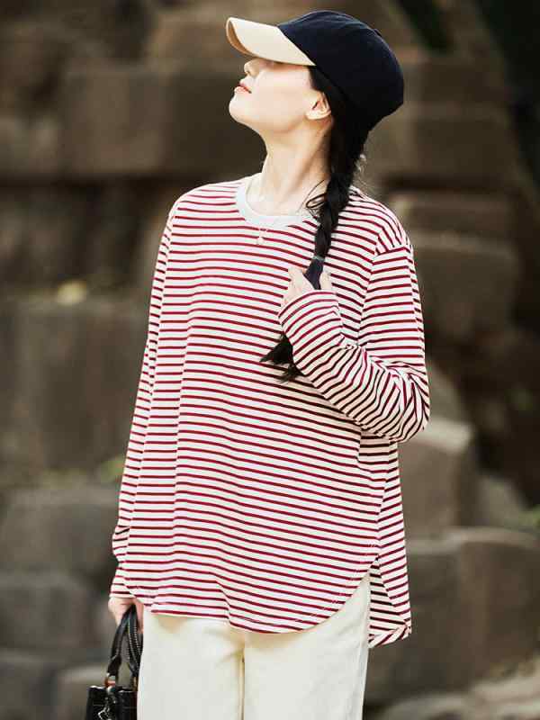 Tシャツ 女性用 長袖 丸首 コットン 中長丈 ストライプ柄 ワイドシルエット 切り替え 気質 通勤風 赤白 黒白 吸湿速乾 伸縮性 軽量 春夏