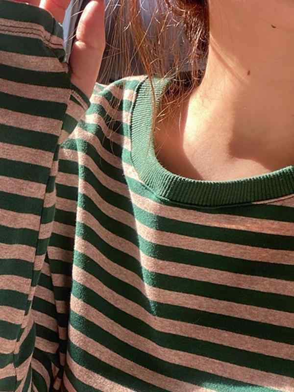Tシャツ 女性用 秋 緑 条紋 長袖 ラウンドネック コットン ポリエステル 混合 ゆったり スリムライン 大きめサイズ インナー トップス ブラウス ストリートファッション 通勤 普段使い 快適 軽量 吸湿速乾 クラシック 柄物 コントラストカラー