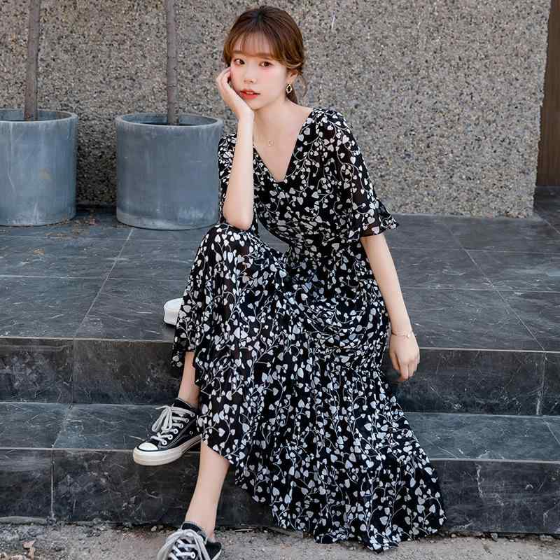 ワンピース レディース 春夏 かわいい 碎花 雪? プリント Vネック 5分袖 ハイウエスト ロングスカート 超大? 荷叶袖 切り替え 荷叶? 収腰 シンプル 気質 通勤 日常 デート 街歩き 宴会 涼しい ポリエステル 素材 ワイドシルエット ゆったり