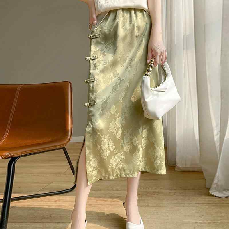 スカート 女性用 春夏 通勤 ハイウエスト 中長丈 フレアスカート 半身スカート 植物花柄 印花柄 切り替えデザイン 香?色 淑女ピンク ライトグリーン ダークグリーン ブラック 接触冷感 アイスシルク 再生繊維 伸縮性 軽量 吸湿速乾 気質エレガント