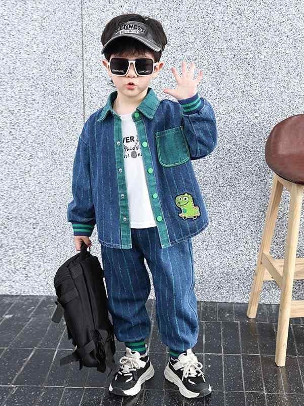 男児服 男の子 子供服 キッズ 牛仔 デニム セット トップス パンツ 長袖 長ズボン 綿 コットン 柔らか素材 春秋 春秋 秋冬 通年 普段使い カジュアル ストリート ストリートスタイル シンプル 無地 純色 90cm 100cm 110cm 120