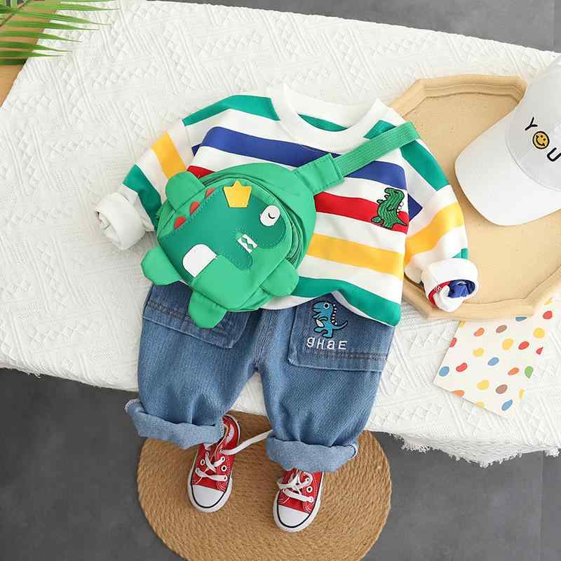 キッズ 男の子 女の子 セット 長袖 ストライプ フーディ コットン デニム ロングパンツ 怪獣 プリント 動物 柄 春秋 ユニセックス ベビー 幼児 服 通年 かわいい 潮風 スタイル 軽量 伸縮性 吸湿速乾 ブルー