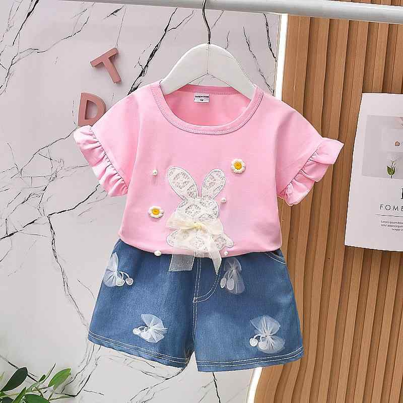 女児 子供服 女の子 夏服 春夏 コットン ピンク ブラック 無袖 Tシャツ トップス 柔らかい 薄手 ピースカラー 切り替え かわいい カードプリント 綿素材 デニム ショートパンツ セット 2点組 通気性 吸湿 速乾 軽量 普段使い 遊び着 3～8歳(x3)