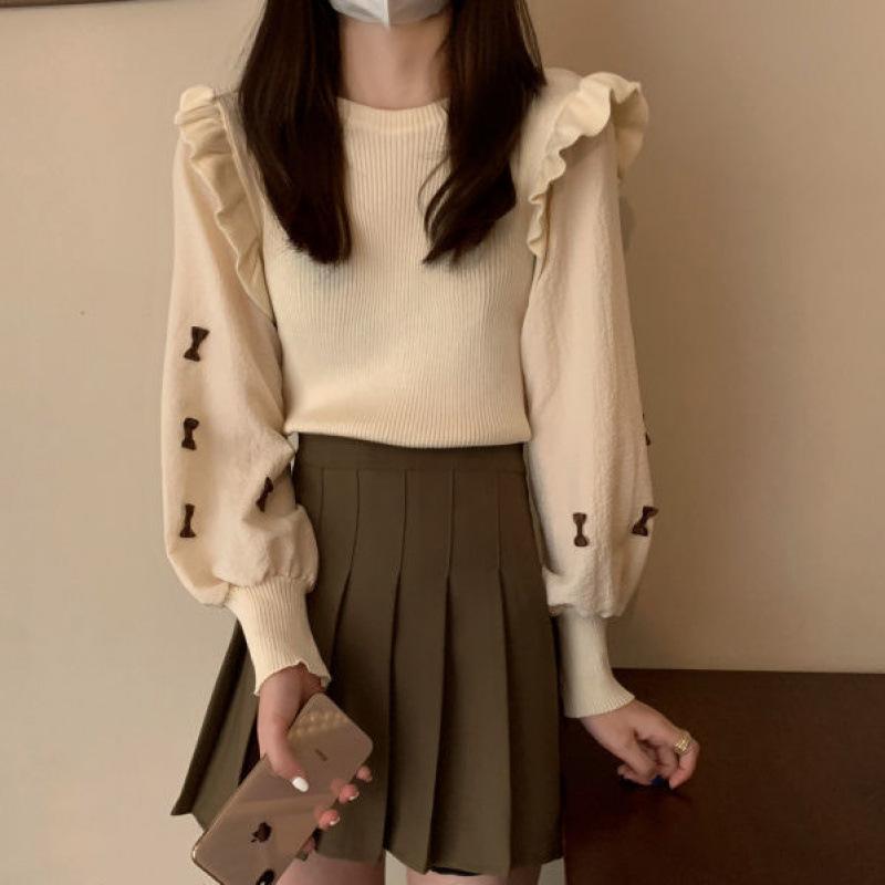 ニット セーター 女性用 秋冬 長袖 丸首 ゆったり ルーズフィット 蝶結び デザイン 切り替え 偽ツーピース 毛混紡 単色 杏色 ブラック ブラウン 気質 通勤 都市スタイル 弾力 伸縮性 軽量 復古 風