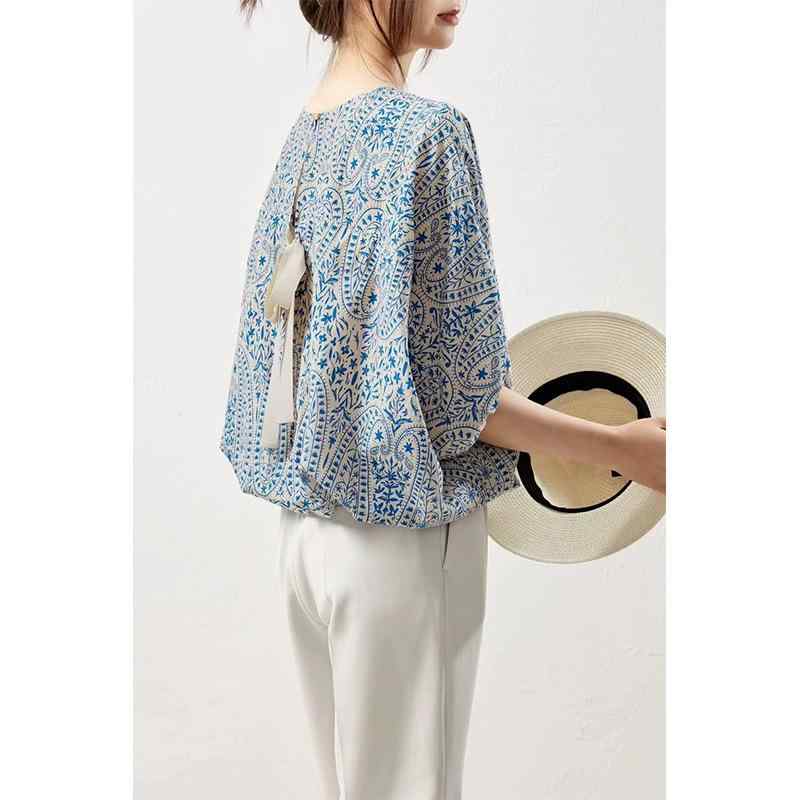 Tシャツ 女性用 春夏 通勤 普段使い かわいい 蝙蝠袖 リボン 紐 トップス シャツ ブラウス 接触冷感 桑蚕? 再生繊維 プリント柄 花柄 丸首 ルーズフィット 半袖 セットインスリーブ ソフト素材 軽量 通気性 吸湿速乾 ビッグシルエット スタイリ