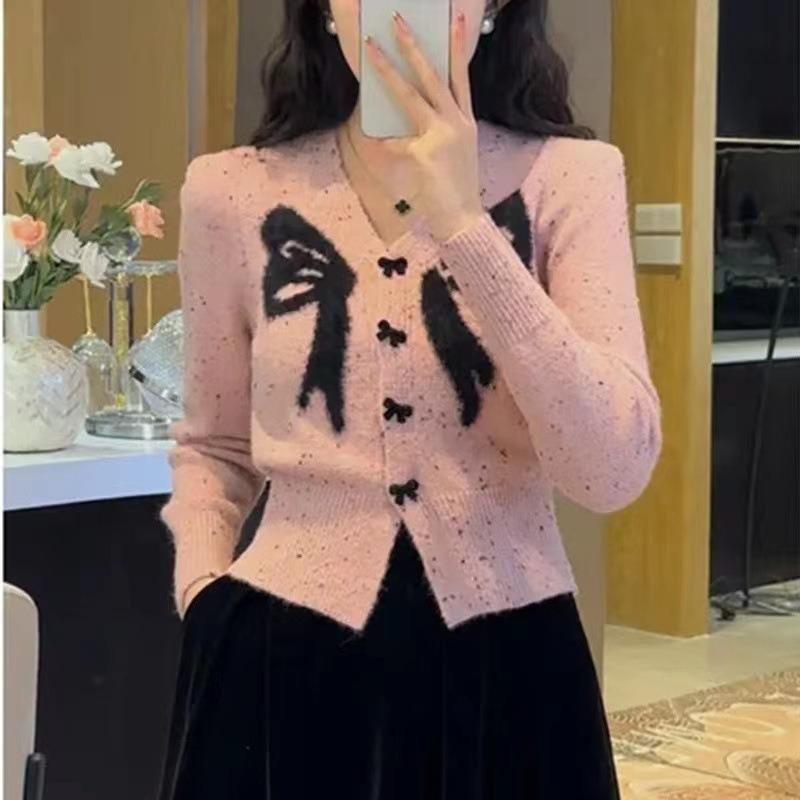 ニット カーディガン 女性用 秋冬 長袖 Vネック 短丈 蝶結び 小香風 ピンク アイボリー レッド ポリエステル プリント 切り替え 軽量 通勤 普段使い カジュアル トップス