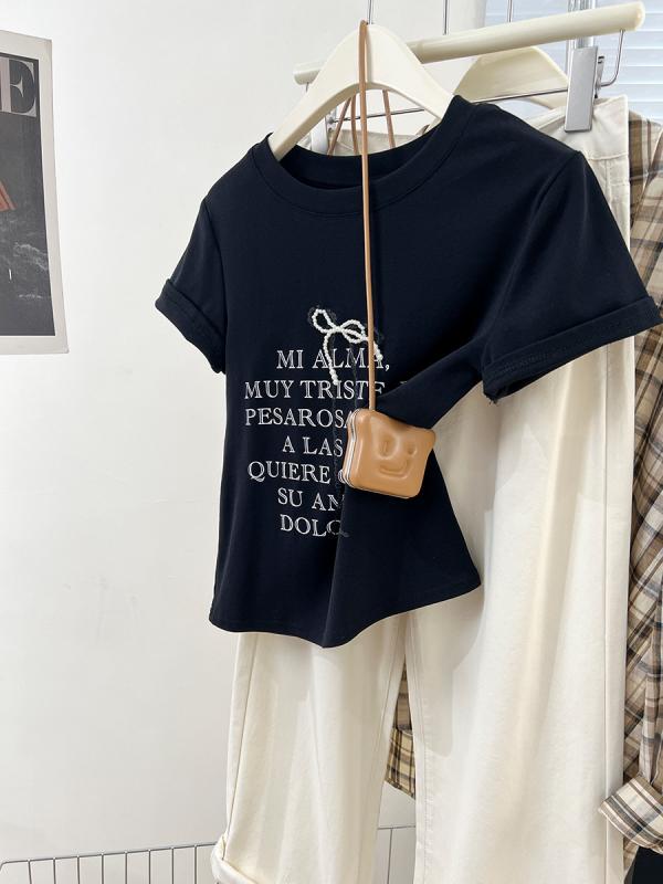 Tシャツ レディース 短袖 丸首 肩正 アルファベットプリント 夏 蝶結び 花柄 綿 スパンデックス 修身 スリム かわいい 上衣 日韓カジュアル 接触冷感 吸湿速乾 軽量 ホワイト ブラック 春夏 ビッグシルエット Vネック トップス 普段使い アウト