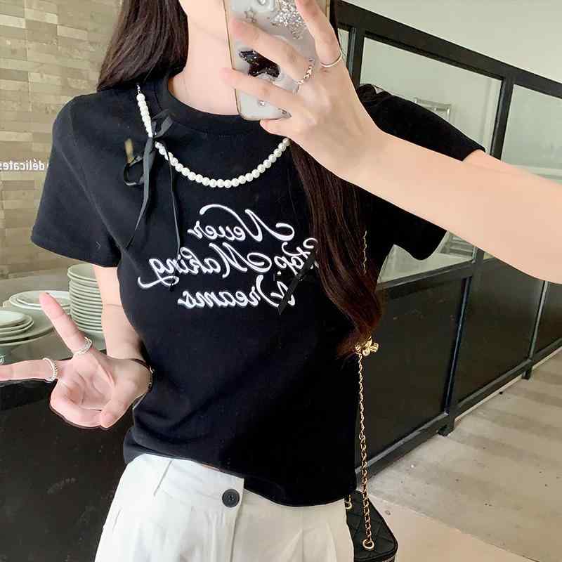 Tシャツ レディース ブラック 短袖 丸首 正肩 修身 半袖 蝴蝶? 切り替え トップス 上衣 綿 ストレッチ 吸湿速乾 通勤用 普段使い 気質 夏 春夏 軽量 ビッグシルエット Vネック