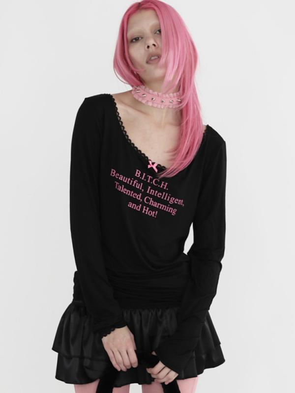 Tシャツ レディース 長袖 綿 素材 丸首 ゆったり シルエット プリント デザイン 蝶結び アクセント ストリート スタイル 欧米風 ブラック ピンク 夏 トップス 上衣 かわいい スパイシー 個性派 街着 通勤 普段使い 軽量 吸湿速乾