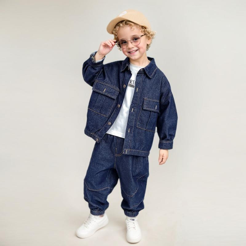 キッズ 男の子 コットン デニム セットアップ 長袖 長ズボン 春 春夏 軽量 柔らか素材 伸縮性 単色 ライトブルー 普段使い スポーツスタイル シンプル カジュアル 子供服 通学 遊び着 3～8歳 中小童