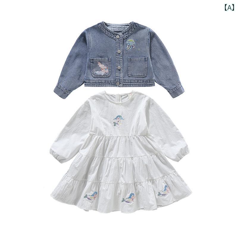 女の子 セットアップ 春秋 キッズ 女児 韓流 ファッション かわいい 女の子 人魚 白 スカート デニム ジャケット 長袖 花柄 コットン トップス ボトムス 綿素材 普通厚 シングルブレスト 100-140cm 3-8歳 日常使い 軽量 伸縮性 通園