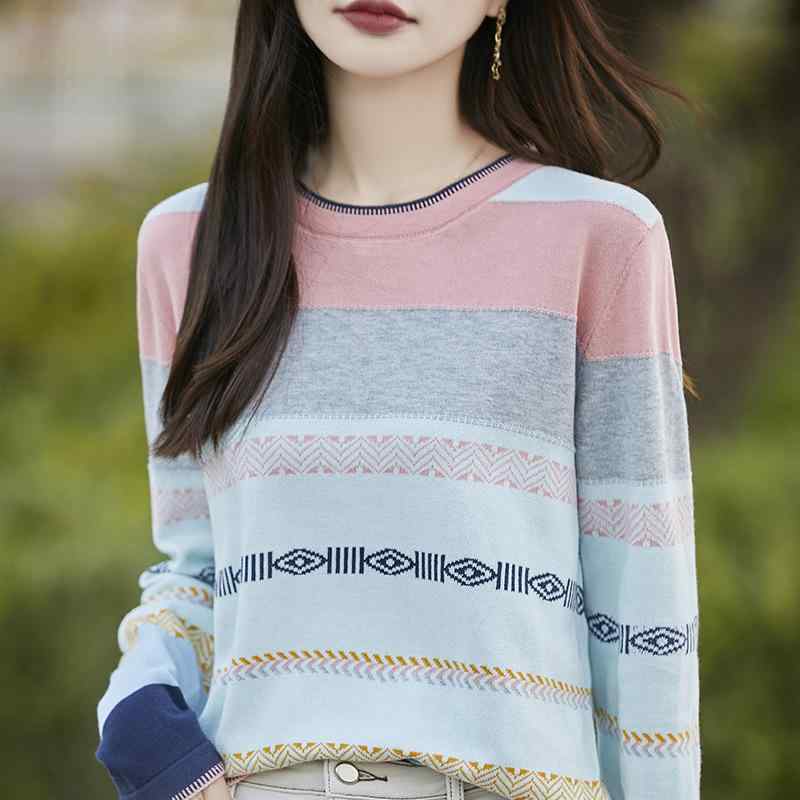 長袖ニット トップス 女性用 綿 100% ストライプ 柄 丸首 プルオーバー ゆったり シルエット インナー 服 接触冷感 吸湿速乾 切り替え デザイン イエロー グレー ブルー 春 シーズン 日韓 カジュアル スタイル 軽量 伸縮性