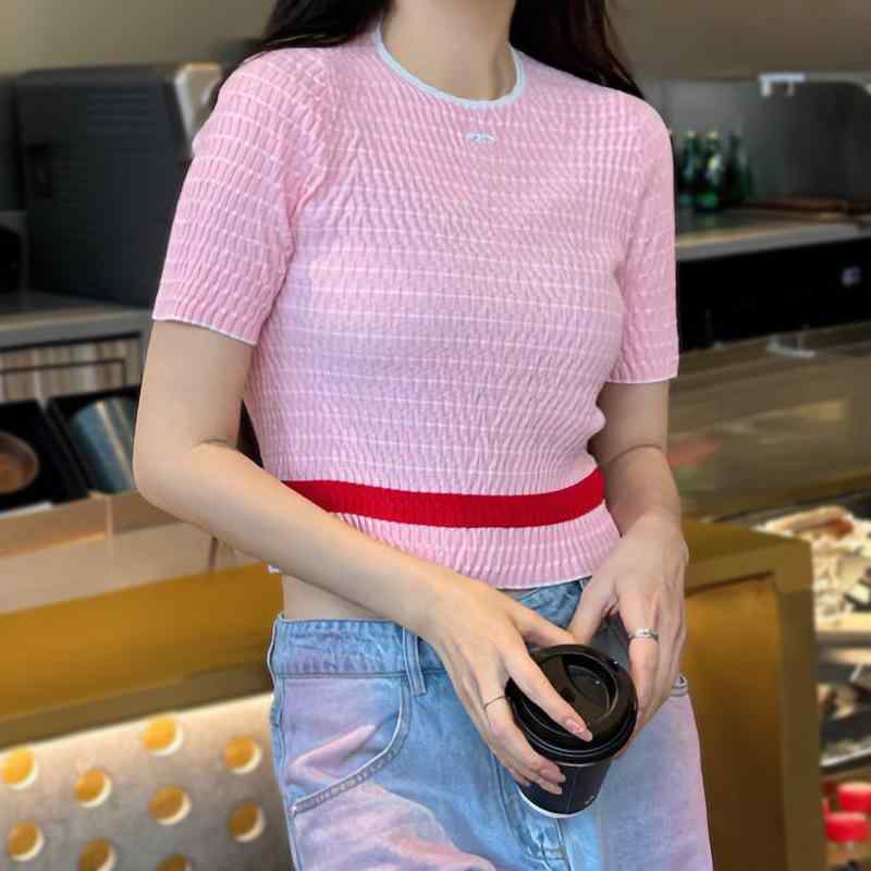 プルオーバー レディース 春小香風 丸首 仕掛けるはたご屋 短袖 編み物 トップス 縞模様柄 3D立体刷り上げる 修身影ぼうし 短丈 米白 サクラ色 黒いこと パープル 免?産業 当たること冷感原料品 吸湿速乾 軽さ 通い 普段使い走り 春夏 心地よい