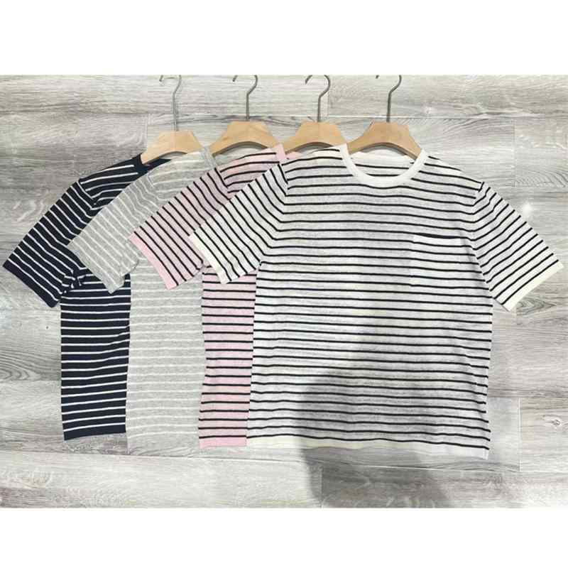 Tシャツ 女性用 夏用 接触冷感 輸入リネン 95% 条紋柄 薄手 ルーズフィット ラウンドネック 半袖 切り替え クラシック かわいい 普段使い 通勤 軽量 吸湿速乾 白色 ピンク ネイビー グレー 快適 フレンチスタイル ユーロスタイル