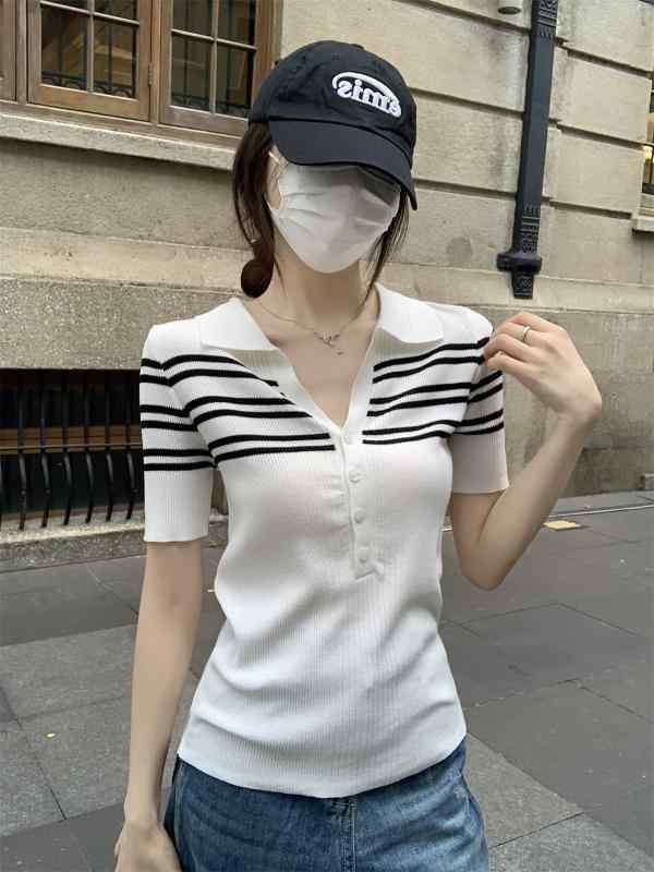 Tシャツ レディース 夏季 ポロ襟 条紋 切り替え 収腰 修身 短袖 接触冷感 粘膠繊維 薄手 基本款 軽熟風 私服 白色 ブラック かわいい chic スタイル 吸湿速乾 伸縮性 ハイネック トップス 普段使い 上品 シルエット