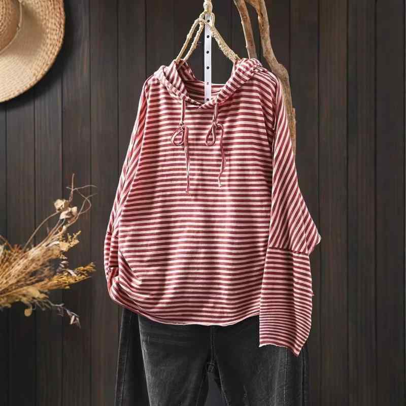 Tシャツ レディース 長袖 コットン 条紋柄 ルーズフィット ゆったりシルエット 修身型 ラウンドネック 透け感 春夏 赤条紋 オレンジブラウン条紋 グレー条紋 ブルー条紋 芸術復古風 中国風 トップス 綿素材 日常使い カジュアルスタイル 吸湿速乾 軽