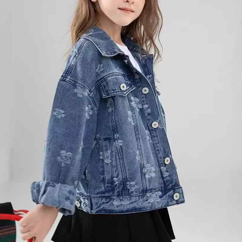 キッズ 女の子 牛仔 ジャケット 春秋 トップス デニム 生地 コットン 素材 長袖 翻領 デザイン 短め 丈 休? スタイル 純色 花柄 プリント 酵素洗い 加工 柔らか タッチ 軽量 伸縮性 吸湿速乾 機能 百搭 コーディネート 普段使い アウトドア