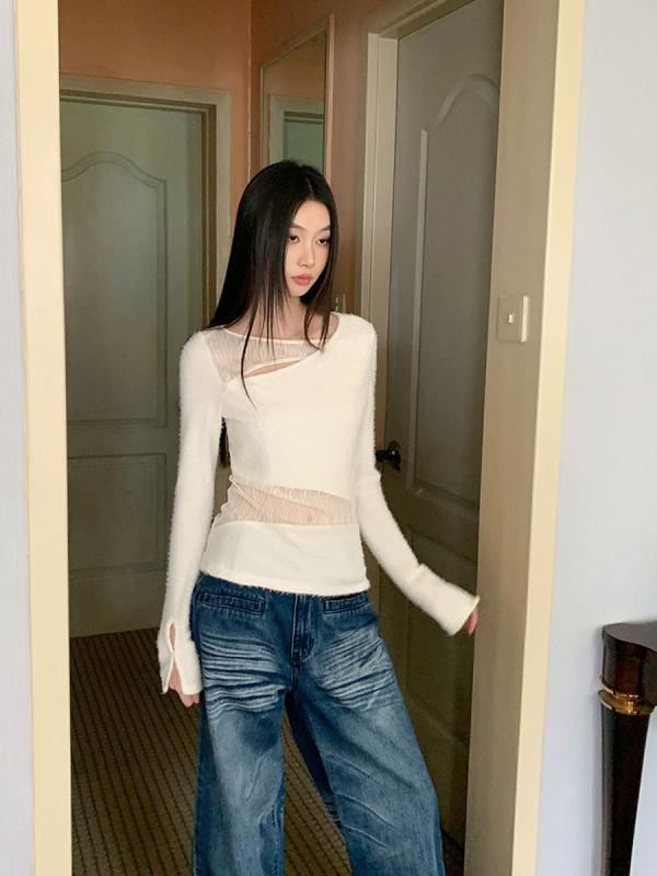 Tシャツ 女性用 秋冬 気質通勤 セクシー 修身 ロングスリーブ ラウンドネック セットイン 切り替え レース ホローアウト 微透け ピュアカラー ホワイト トップス インナー 軽量 伸縮性 普段使い 秋 ウィンター