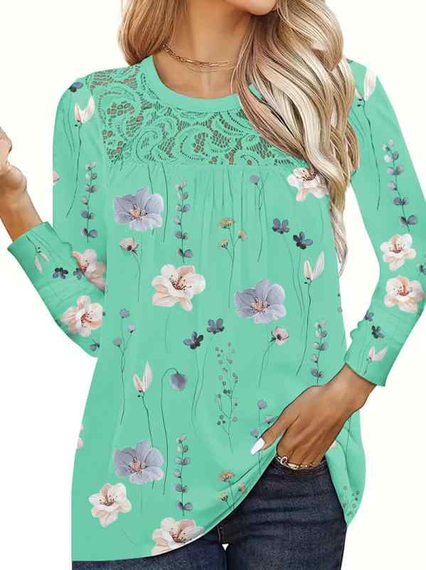レディース トップス 長袖 Tシャツ 丸首 レース 花柄 切り替え 花色 プリント 白色 ピンク ブラック ブルー グリーン ポリエステル スパンデックス 混紡 接触冷感 吸湿速乾 ゆったり ルーズフィット 中長丈 快適 普段使い 秋冬 日韓 カジュアル