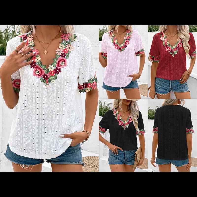 Tシャツ 女性用 夏 セクシー 深Vネック 花辺 短袖 トップス 清新 甘美 再生繊維 接触冷感 吸湿速乾 軽量 通気性 ブラック ホワイト レッド ピンク ビッグシルエット 普段使い カジュアル 伸縮性 シンプル デザイン