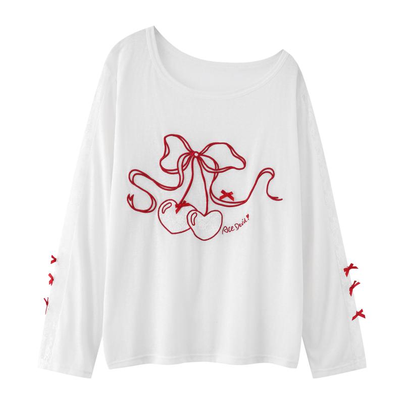 Tシャツ 女性用 長袖 丸首 コットン ワイドシルエット アメリカンスタイル レース チェリー柄 カートゥン柄 肩オフ ルーズフィット 透け感 セクシー かわいい 防晒 軽量 吸湿速乾 接触冷感 春夏 秋 白色 グレー カジュアル ストリート 普段使い