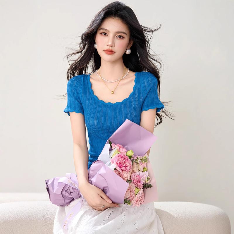 Tシャツ レディース 夏用 短袖 方領 花辺 切り替え 針織 接触冷感 ブルー 修身 短丈 気質 エレガント 軽熟風 私服 通常袖 セットインスリーブ 吸湿速乾 伸縮性 通勤 普段使い