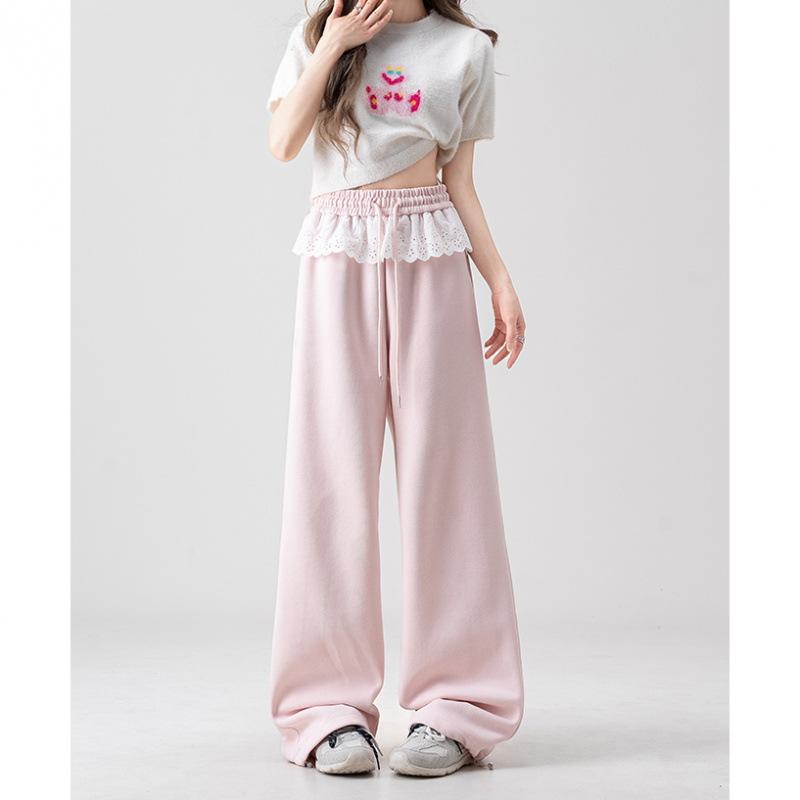 レディース ワイドパンツ 春夏 ピンク系 レース 切り替え デザイン 直筒 ロング ワイドレッグ ゆったり スリム シルエット 軽量 アクネリル 95% 吸湿速乾 通勤 普段使い カジュアル 都市 スタイル 気質 シンプル 11,187円