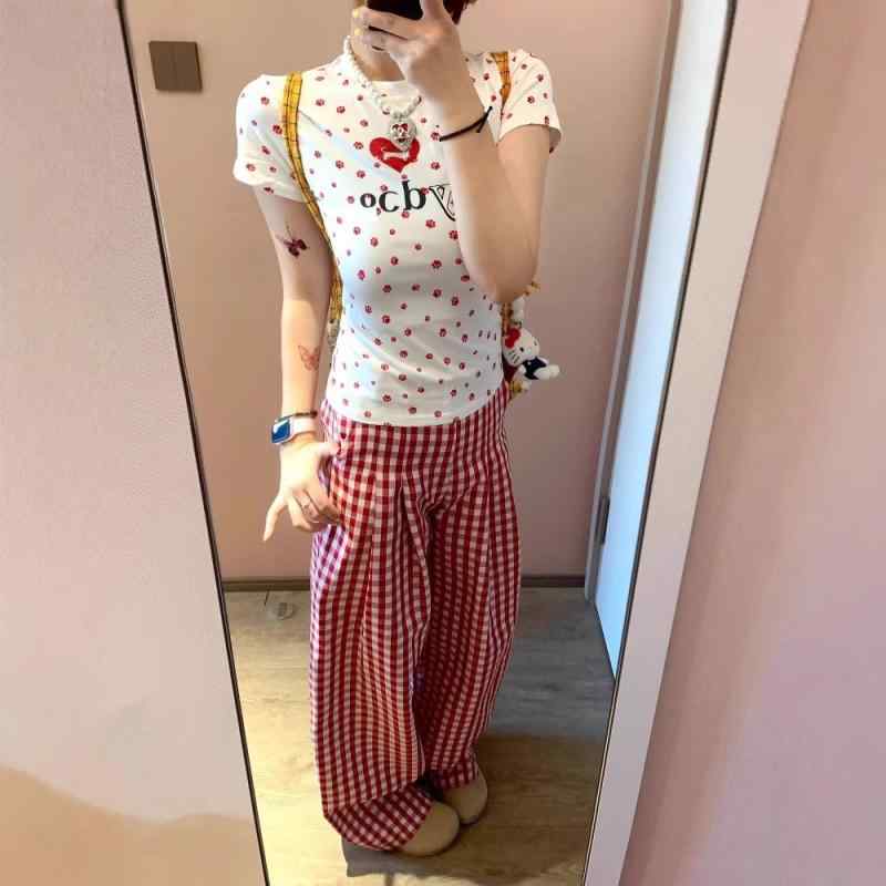 レディース ロングパンツ 赤 チェック柄 コットンリネン 切り替え 中腰 ミディアム厚 無弾性 春 秋 春夏 通勤 普段使い カジュアル ストリート ルーズフィット フルレングス 軽量 通気性 涼しい 女性用 トップス ボトムス ファッション ワードロー