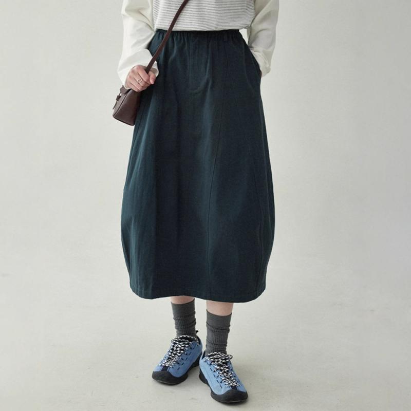半身スカート 女性用 春夏 通勤風 綿素材 切り替えデザイン 花苞スカート 中長丈 ノーストレッチ 気質スタイル 紺色 普段使い 軽量 吸湿速乾 再生繊維 ハイウエスト ビッグシルエット ブラック系 アイボリー ピンク系 カジュアル シンプル 女性らしい