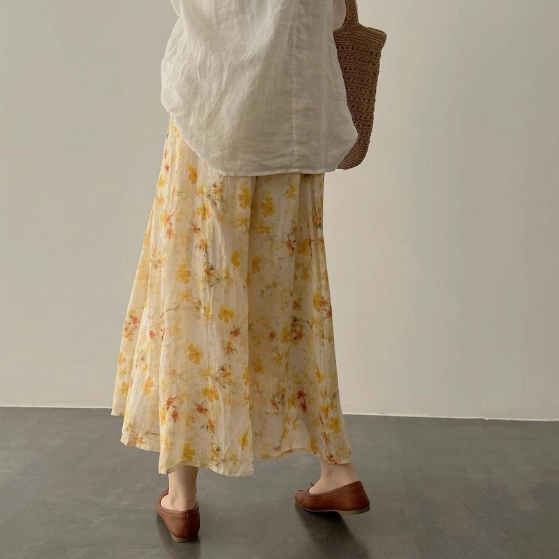 スカート 女性用 通勤 ミディ丈 Aライン フレッシュフラワー プリント 綿混 ポリエステル 軽量 無弾性 黄色 春夏 フレッシュ 花柄 芸術風 気質 普段使い ハイウエスト フレア シルエット 爽やか