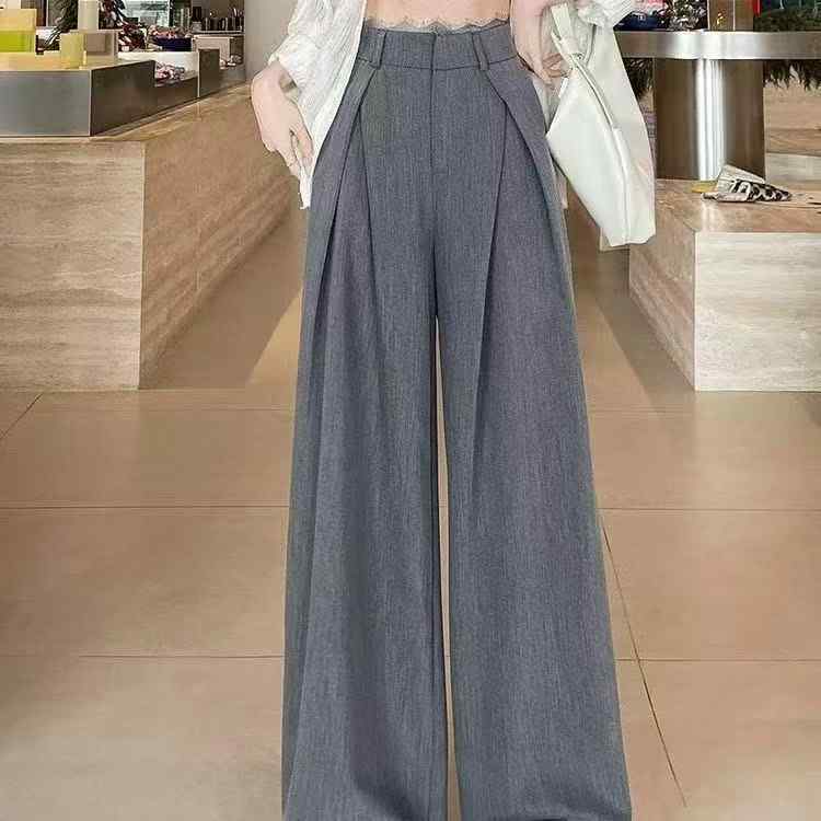 レディース ワイドパンツ グレー 綿 素材 切り替え デザイン 高腰 ロング丈 ゆったり シルエット 垂れ感 気質 通勤 スタイル 快適 レディース 知性 風 中 弾力 免 ? 処理 夏 シーズン 普段使い 部屋着 対応 軽量 伸縮性 吸湿 速乾 機能