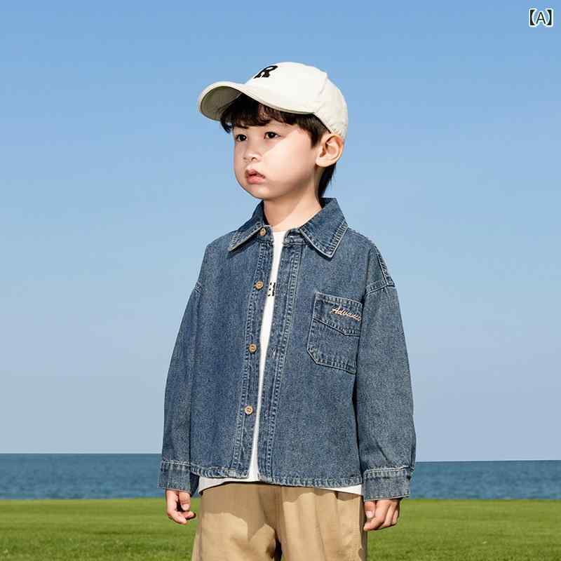 キッズ 男女 春夏 長袖 刺繍 シャツ トップス 牛仔 ジャケット コート 綿 ポリエステル 再生繊維 柔らかい 素材 英倫風 かわいい 潮 欧米スタイル 百搭 薄手 軽量 通学 普段使い 春秋 ユニセックス 3-8歳 100-140cm 適合 安全 B