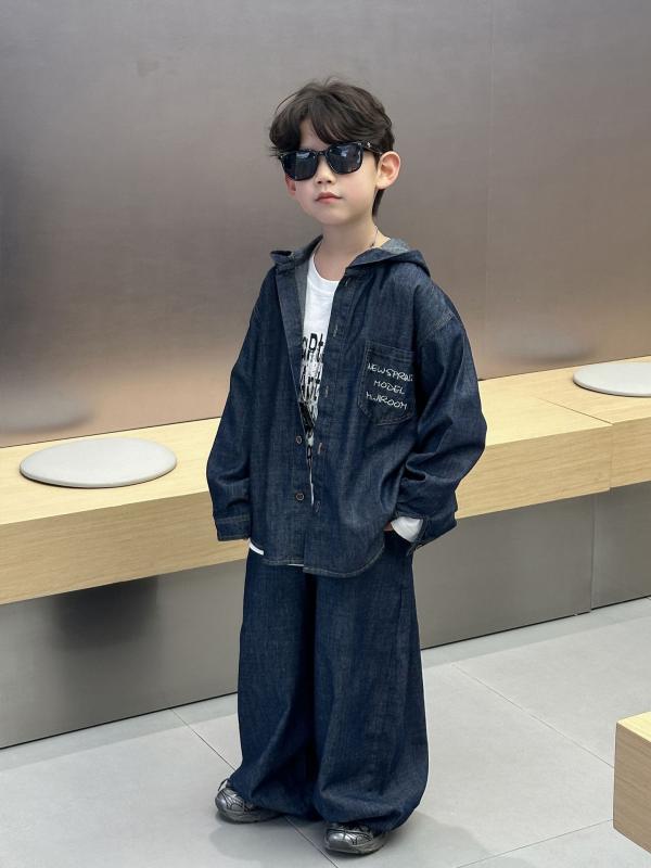 キッズ 男の子 牛仔 セットアップ 春秋 長袖 帽子付き ジャケット ロングパンツ 柔軟 酵素洗い コットン 75% ミディアム厚 ユニセックス 韓国風 潮范 スタイル 100-160cm 対応 純色 ブルー 長ズボン ファッション ルーズフィット かっ