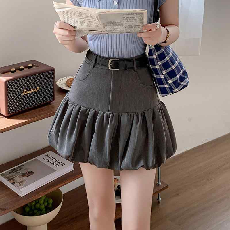 スカート 女性用 夏 白 ブラック グレー 花苞 泡泡 傘型 ランタン ハイウエスト Aライン 短丈 半身 切り替え プリーツ 再生繊維 ポリエステル 微弾力 軽量 通気性 快適 かわいい フェミニン 私服 普段使い 部屋着