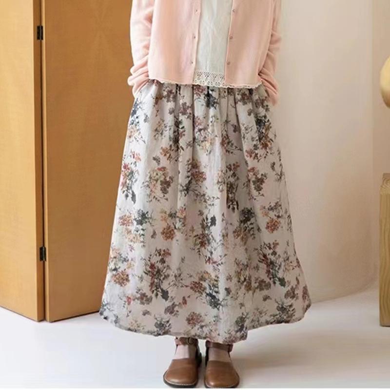 スカート ミディ丈 半身スカート レディース ?麻 麻素材 切り替え プリント 花柄 植物柄 花卉柄 清新柄 復古柄 花色 ミックスカラー 春夏 夏物 気質 通勤用 普段使い エレガント 優雅 軽量 通気性 吸湿性 伸縮性なし ウエストゴム ラフスタイル