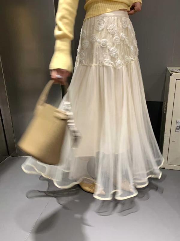半身スカート 女性用 春夏 気質 法式 復古 デザイン 立体 花柄 Aライン 中長丈 ハイウエスト 網? プレーツ 切り替え ?? ポリエステル 伸縮性 軽量 通勤 普段使い かわいい 甘め 清楚 優雅 白色 ブラック ベージュ