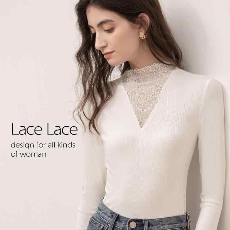 トップス 女性用 半高領 白色 レース 切り替え 修身 インナー 長袖 Tシャツ 粘膠繊維 純色 セットイン 透け感 都市風 通勤 通年 軽量 伸縮性 気質 優雅 ブラック ホワイト ビッグシルエット Vネック風 吸湿速乾 再生繊維 接触冷感 カジュアル