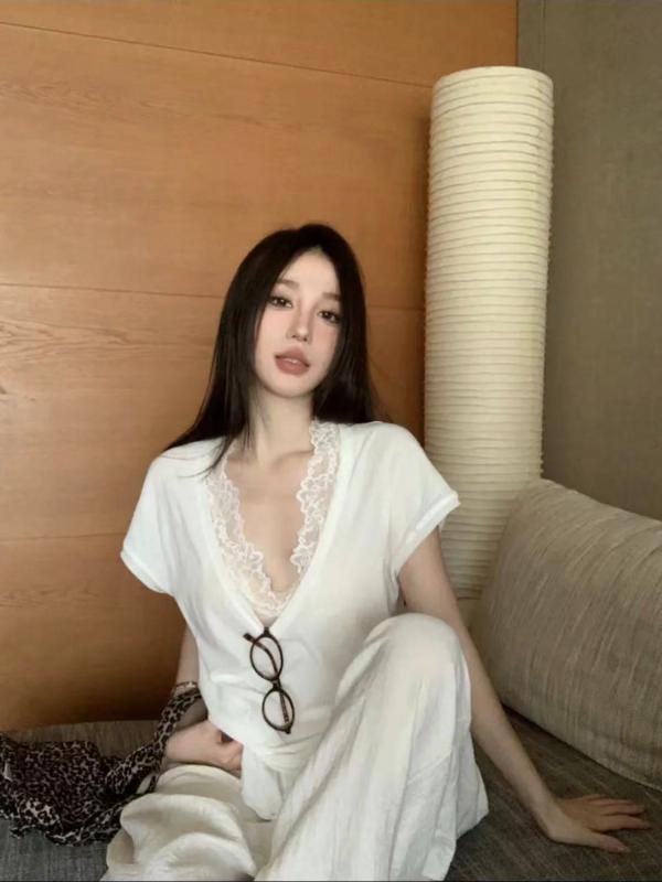 Tシャツ 女性用 春夏 白色 Vネック 短袖 トップス セット レース インナー タンクトップ 接触冷感 ポリエステル ポリエステル繊維 無袖 免?加工 ゆったりシルエット 普通丈 50cmから65cm ソリッドカラー セクシー ラウンジウェア レイヤー