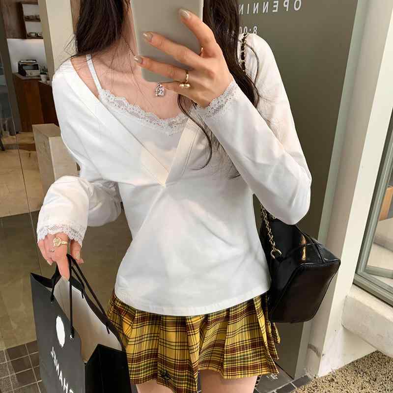 Tシャツ 女性用 秋冬 長袖 Vネック レース 切り替え 気質 通勤風 修身 トップス インナー 純色 白色 灰色 水洗加工 伸縮性 吸湿速乾 軽量 接触冷感 再生繊維