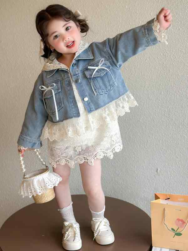 女児服 女の子 春秋用 長袖 牛仔素材 切り替え ワンピース セット 柔らかい ポリエステル 単色 普通厚 単排ボタン かわいい スタイル 3~8歳 中小童 90~140cm 普段使い 学校用 遊び着 軽量 伸縮性 動きやすい コットン風 デニム調 アイ